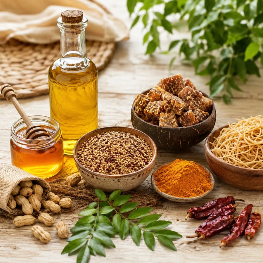 AruYami Naturals organic products — wood-pressed oil, honey, jaggery, millets, turmeric and chillies